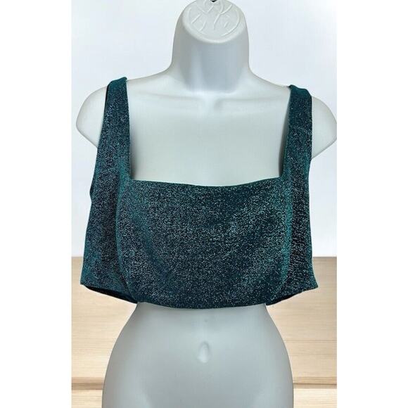 Asos Design Curve Crop Bikini Top Sz 16 Blue Glitter Square Neckline - Picture 3 of 7